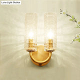 Modern Brass Tubular Flush Mount Wall Sconce With Crystal Accents: 2-Light Fixture & Curved Arm