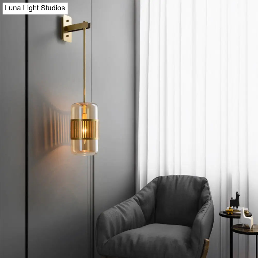 Modern Brass Wall Sconce Light With Glass Shade - Postmodern Cylindrical Fixture