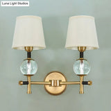 Modern Brass Wall Sconce With Crystal Accent And Fabric Shade