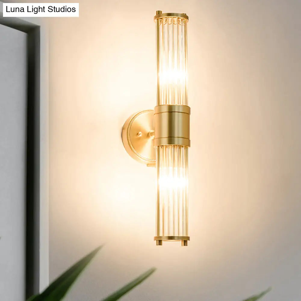 Modern Brass Wall Sconce With Crystal Cylinder Shade - Ideal For Hallways And Mount Lighting