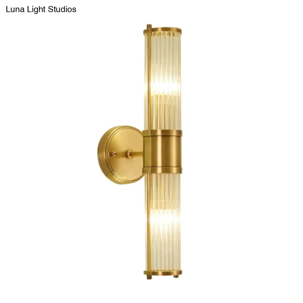 Modern Brass Wall Sconce With Crystal Cylinder Shade - Ideal For Hallways And Mount Lighting