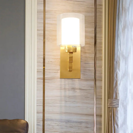Modern Brass Wall Sconce With Cylinder Shade & Clear/White Glass - Bedroom Lighting Solution