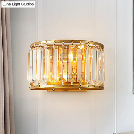 Modern Brass Wall Sconce With Drum-Shaped Clear Crystal Shade - 1 Light Living Room Lighting Fixture