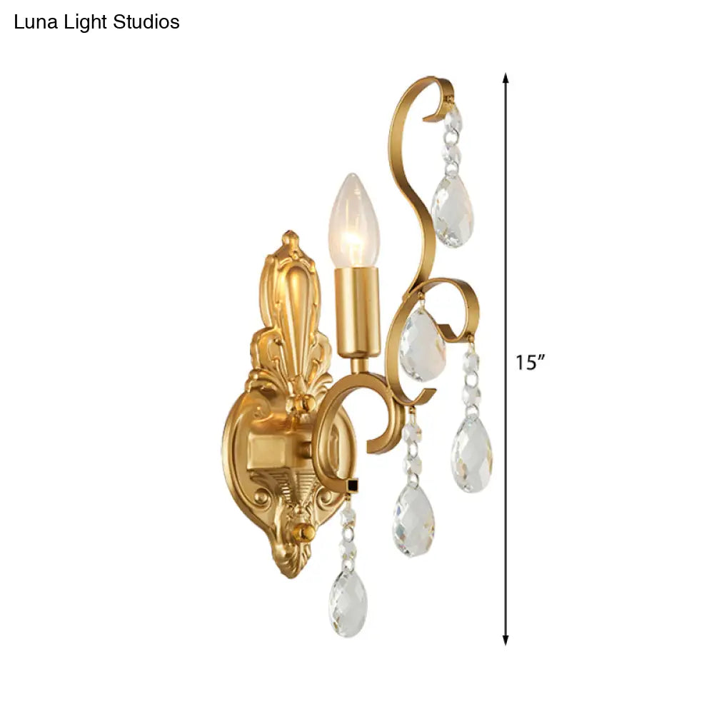 Modern Brass Wall Sconce With Teardrop Crystal - Flush Mount 1/2 Lights