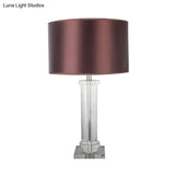 Modern Brown Small Desk Lamp With Fabric Shade - 1-Bulb Cylindrical Task Lighting