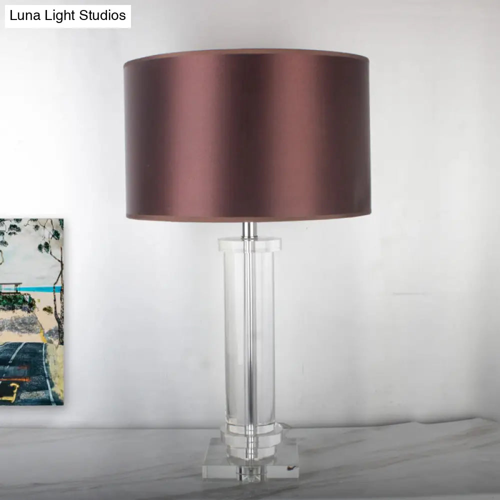 Modern Brown Small Desk Lamp With Fabric Shade - 1-Bulb Cylindrical Task Lighting