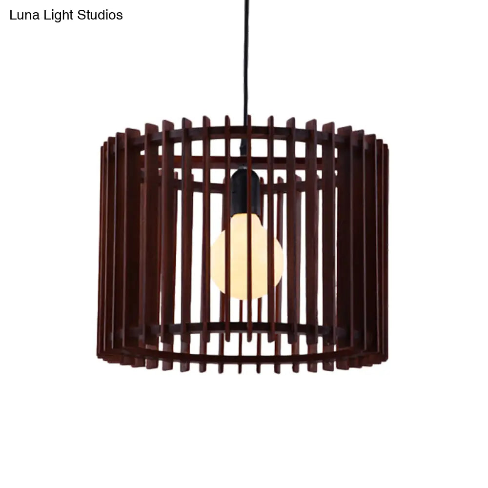 Modern Brown Wood Cylinder Cage Pendant Light - 1 Hanging Lamp Kit