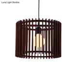 Modern Brown Wood Cylinder Cage Pendant Light - 1 Hanging Lamp Kit