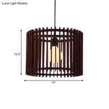 Modern Brown Wood Cylinder Cage Pendant Light - 1 Hanging Lamp Kit