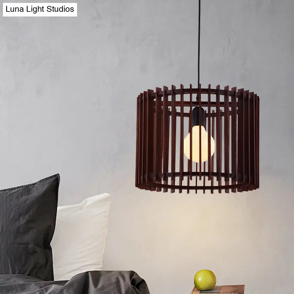 Modern Brown Wood Cylinder Cage Pendant Light - 1 Hanging Lamp Kit