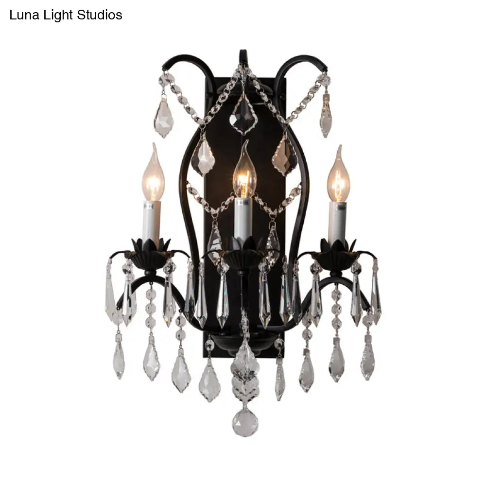 Modern Candelabra Wall Sconce With Crystal Drop - Black/Brass Finish 3 Lights