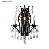 Modern Candelabra Wall Sconce With Crystal Drop - Black/Brass Finish 3 Lights