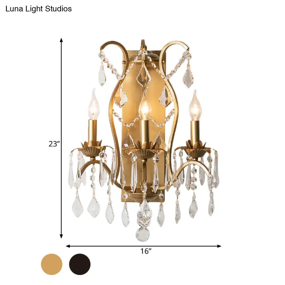 Modern Candelabra Wall Sconce With Crystal Drop - Black/Brass Finish 3 Lights