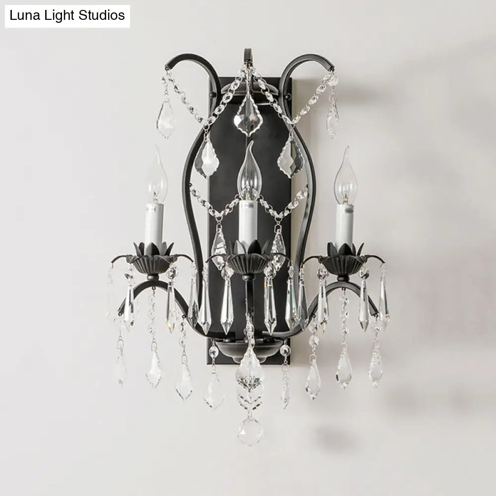 Modern Candelabra Wall Sconce With Crystal Drop - Black/Brass Finish 3 Lights