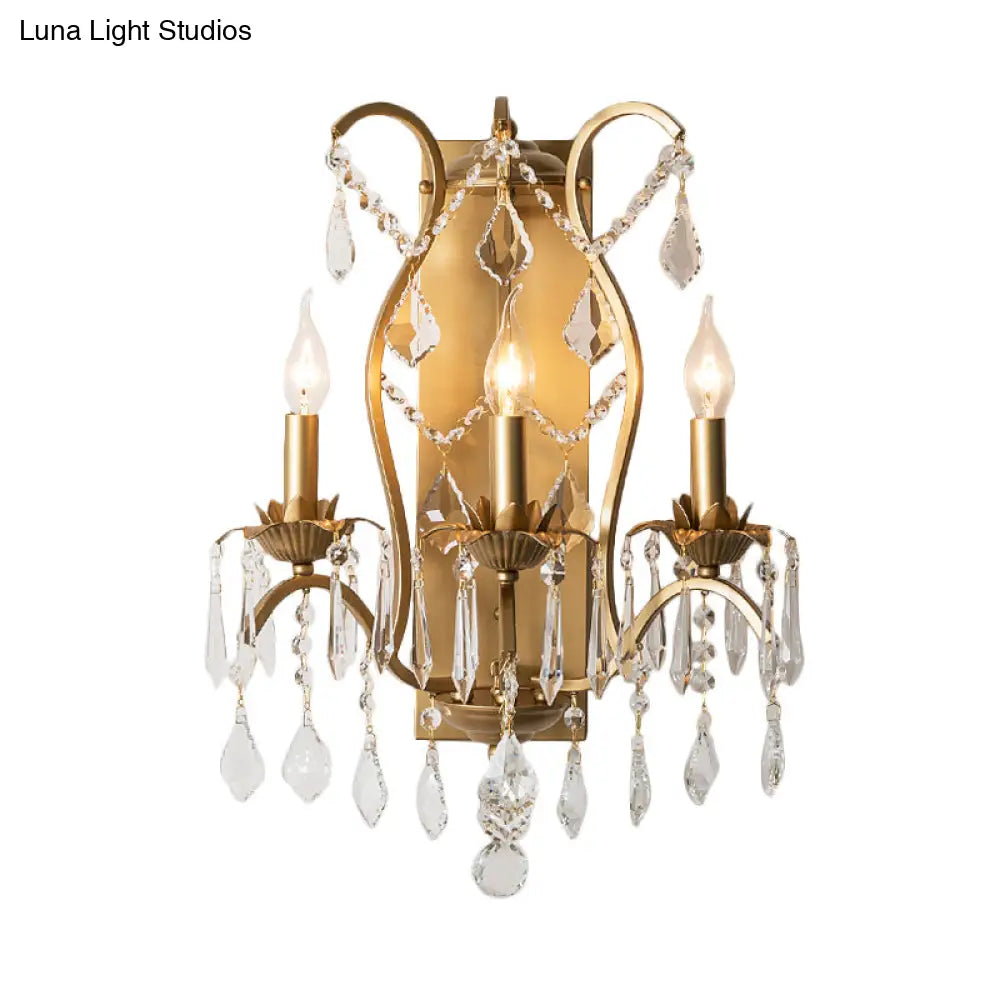 Modern Candelabra Wall Sconce With Crystal Drop - Black/Brass Finish 3 Lights