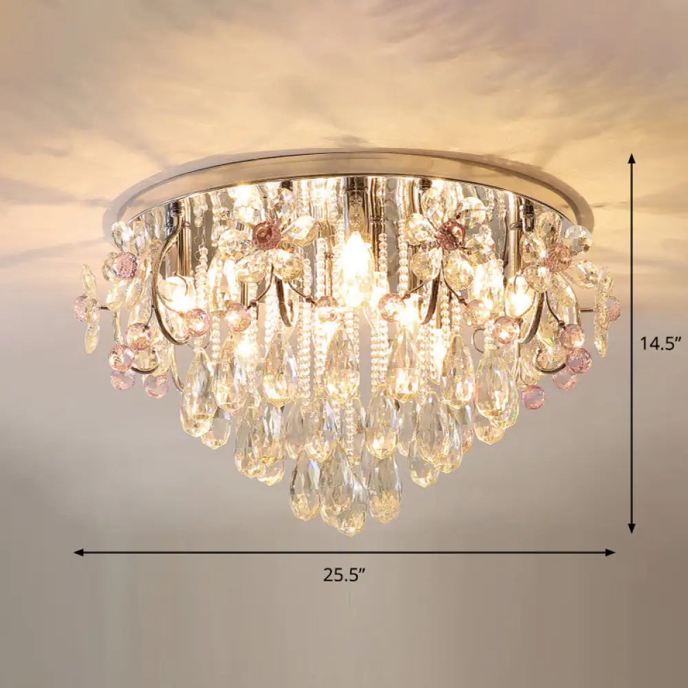 Modern Ceiling Mount Light With Crystal Teardrops And Chrome Finish For Bedrooms / 25.5’