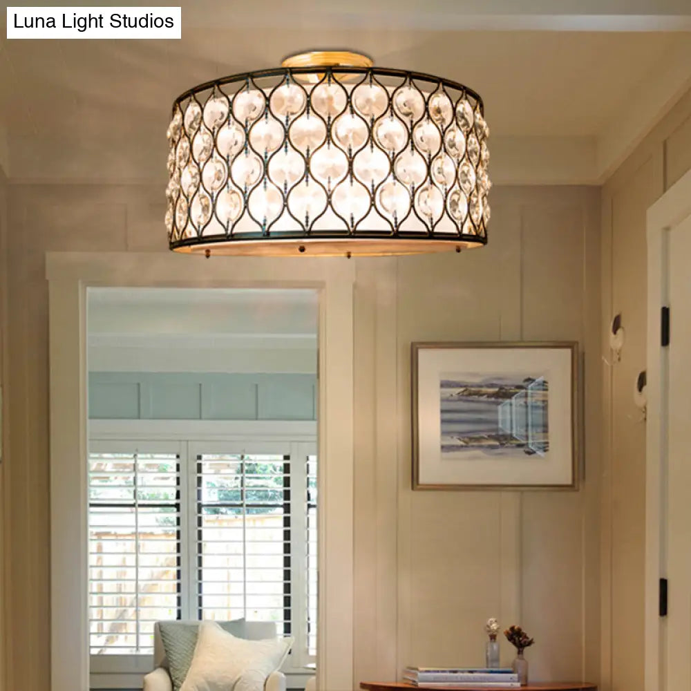 Modern Chicken Wire Iron Frame Semi Flush Light With Crystal Shell - 3 Lights Bronze Ceiling