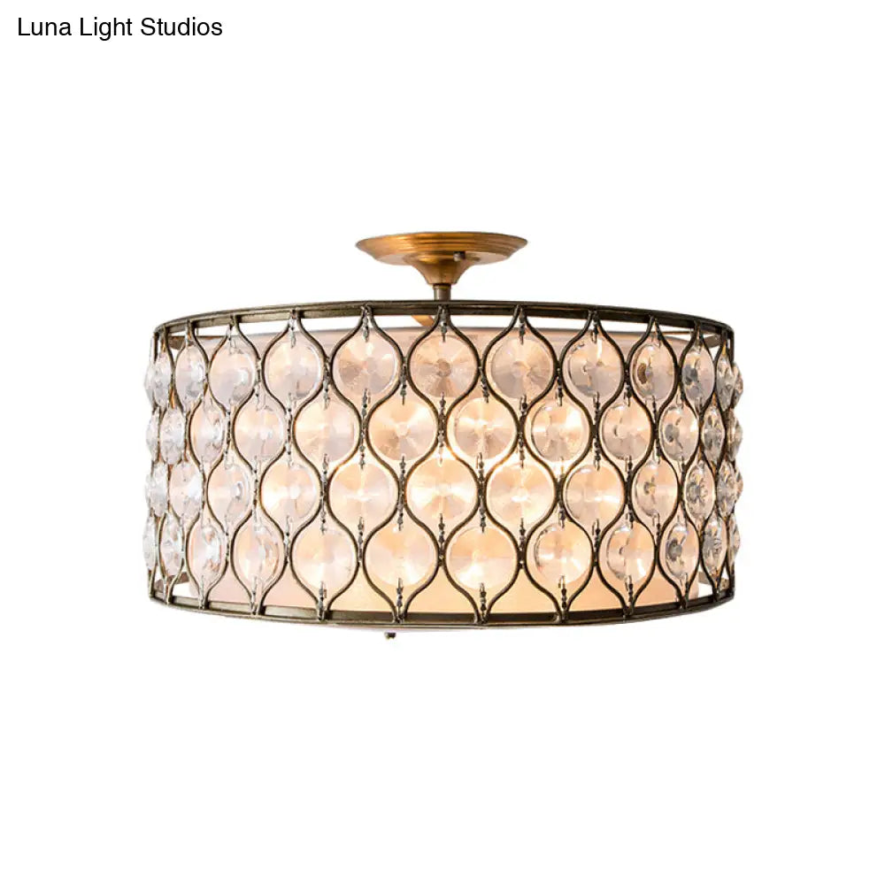 Modern Chicken Wire Iron Frame Semi Flush Light With Crystal Shell - 3 Lights Bronze Ceiling