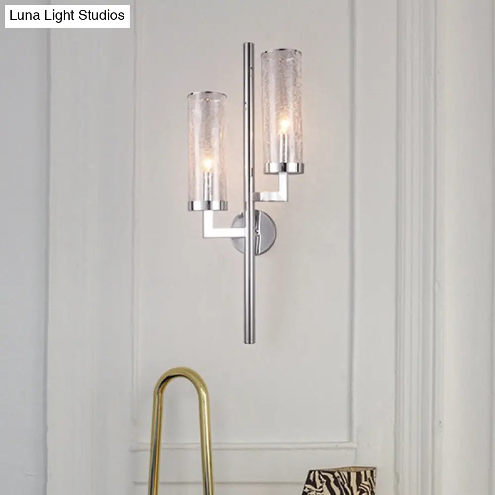 Modern Chrome Armed Wall Lamp With Crackle Glass Shade - 2 Bulb Metal Sconce Light Fixture