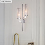 Modern Chrome Armed Wall Lamp With Crackle Glass Shade - 2 Bulb Metal Sconce Light Fixture