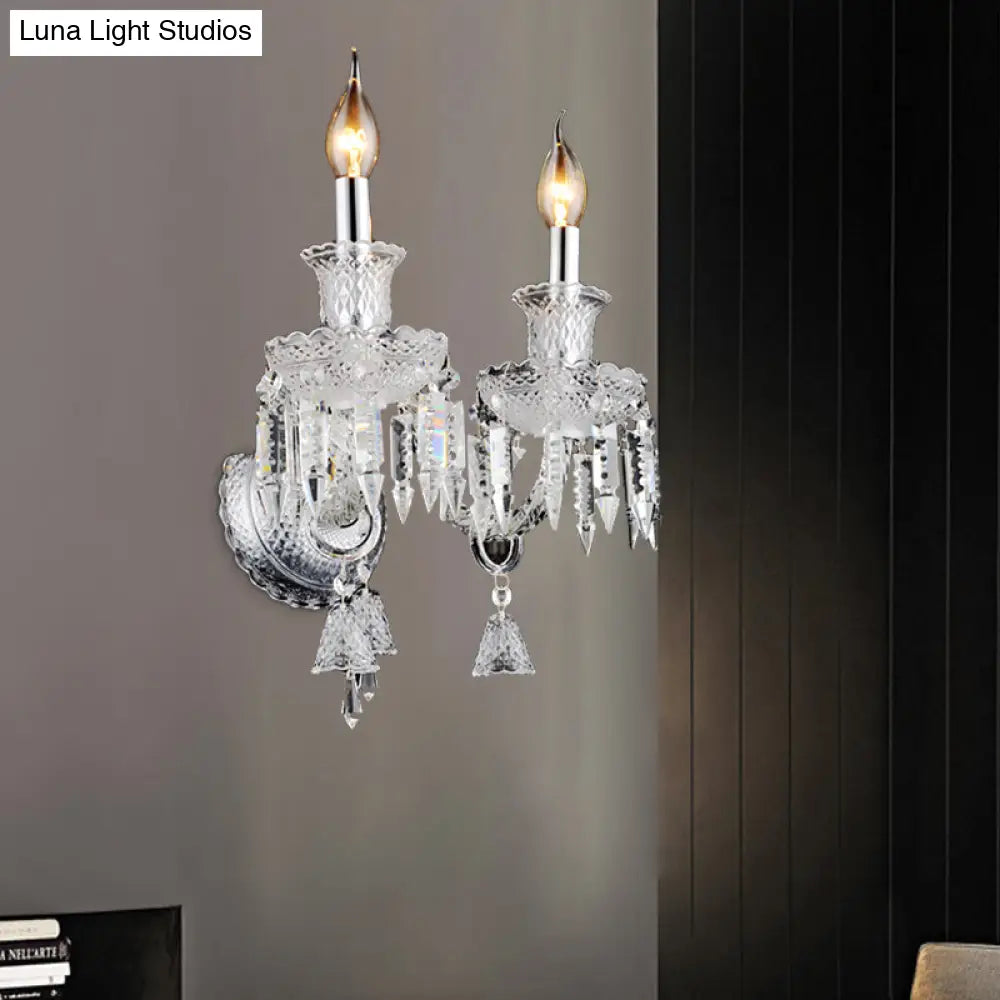 Modern Chrome Candelabra Wall Light With Clear Glass And Diamond Crystal Decoration