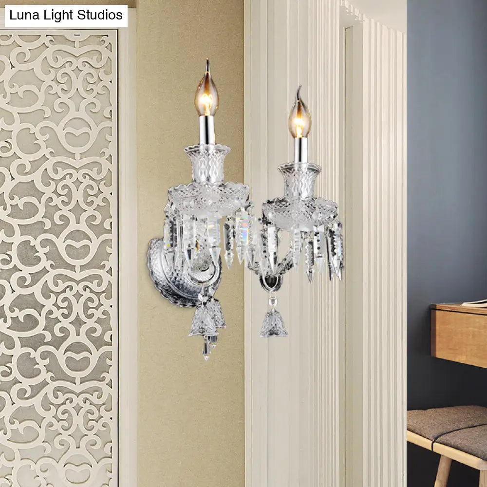 Modern Chrome Candelabra Wall Light With Clear Glass And Diamond Crystal Decoration