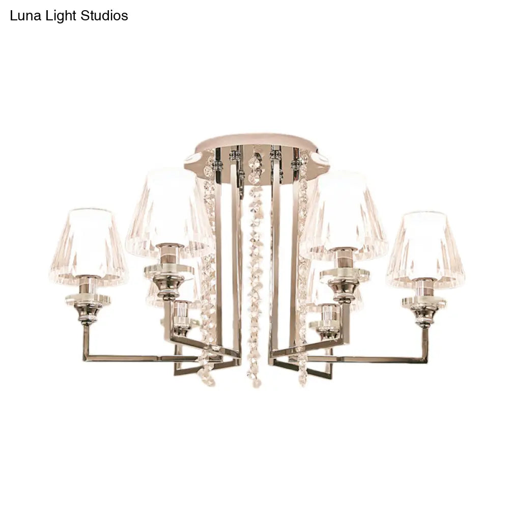 Modern Chrome Cone Ceiling Lamp With Crystal Accents - 6/8/10 Heads Semi-Mount Light