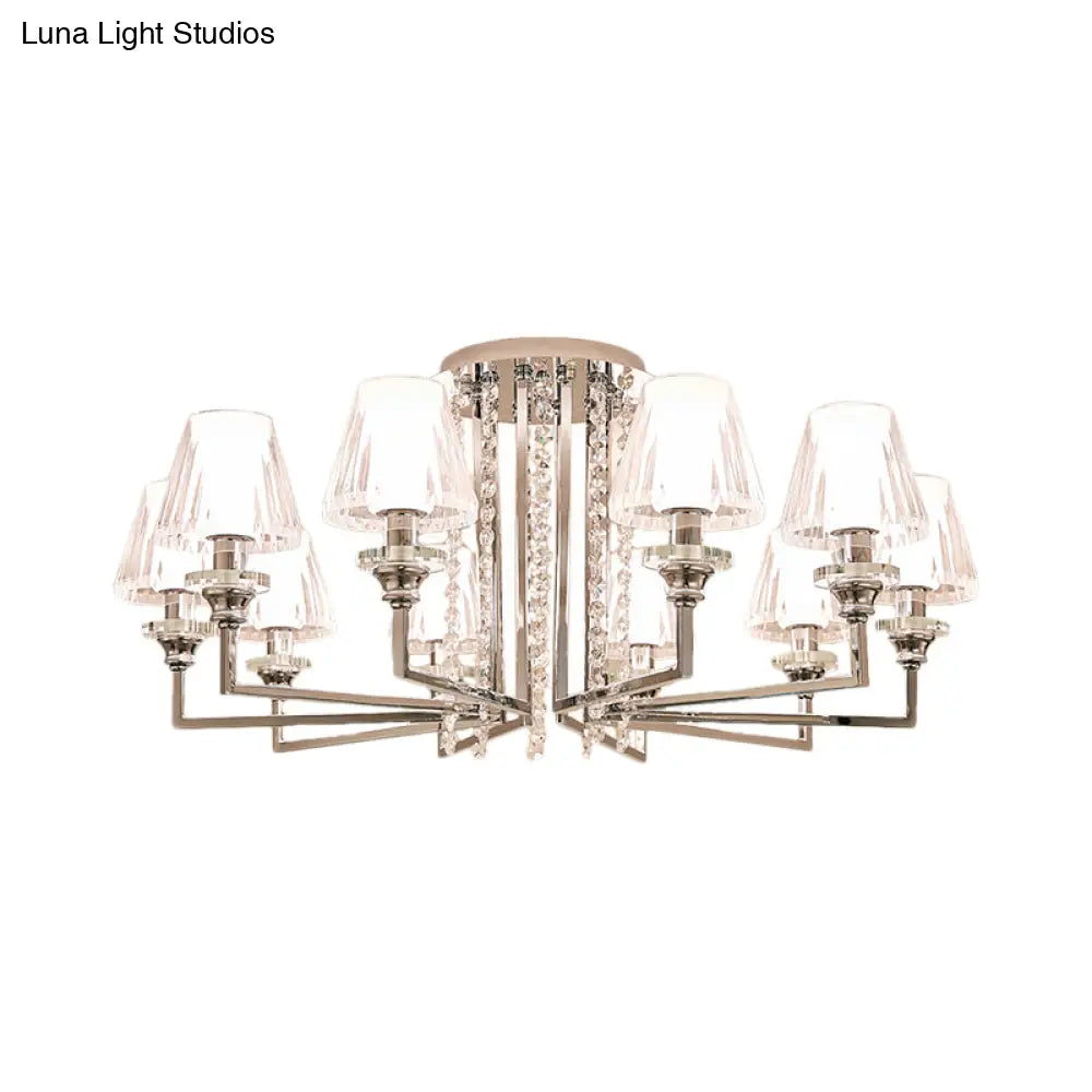 Modern Chrome Cone Ceiling Lamp With Crystal Accents - 6/8/10 Heads Semi-Mount Light