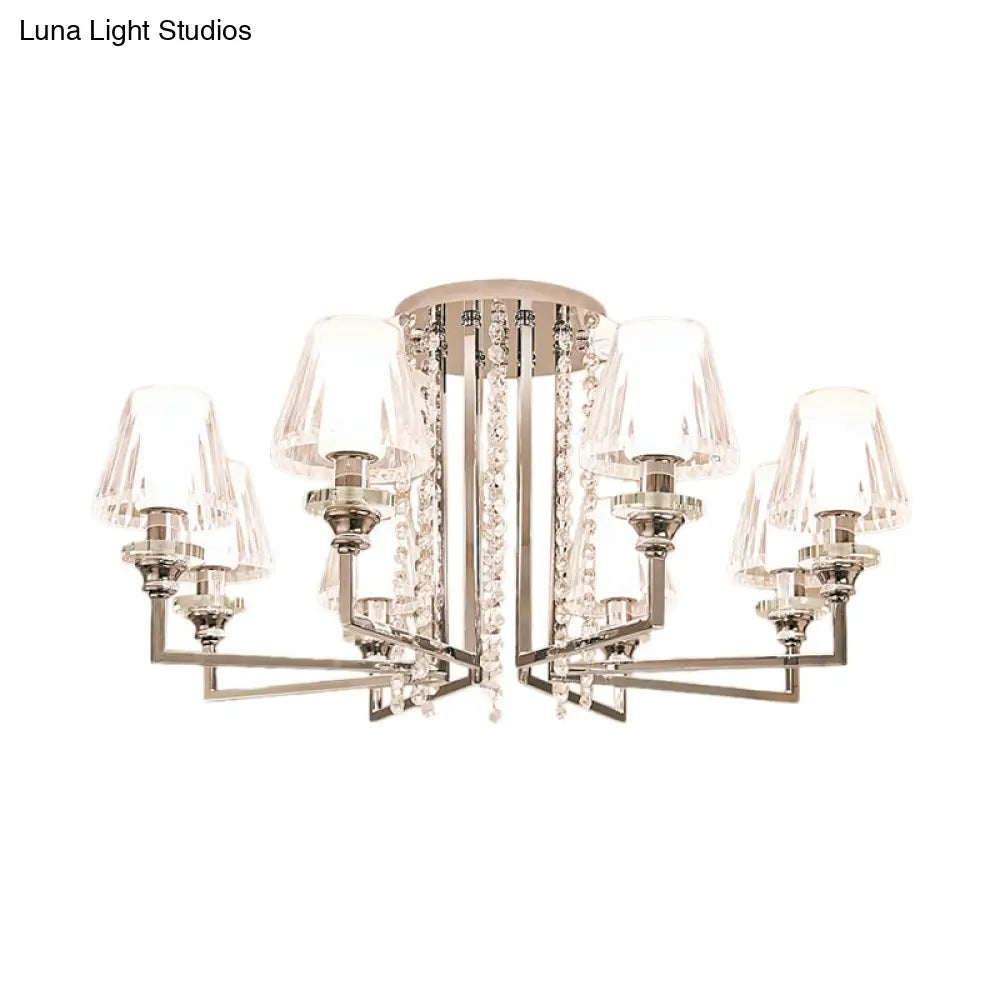 Modern Chrome Cone Ceiling Lamp With Crystal Accents - 6/8/10 Heads Semi-Mount Light