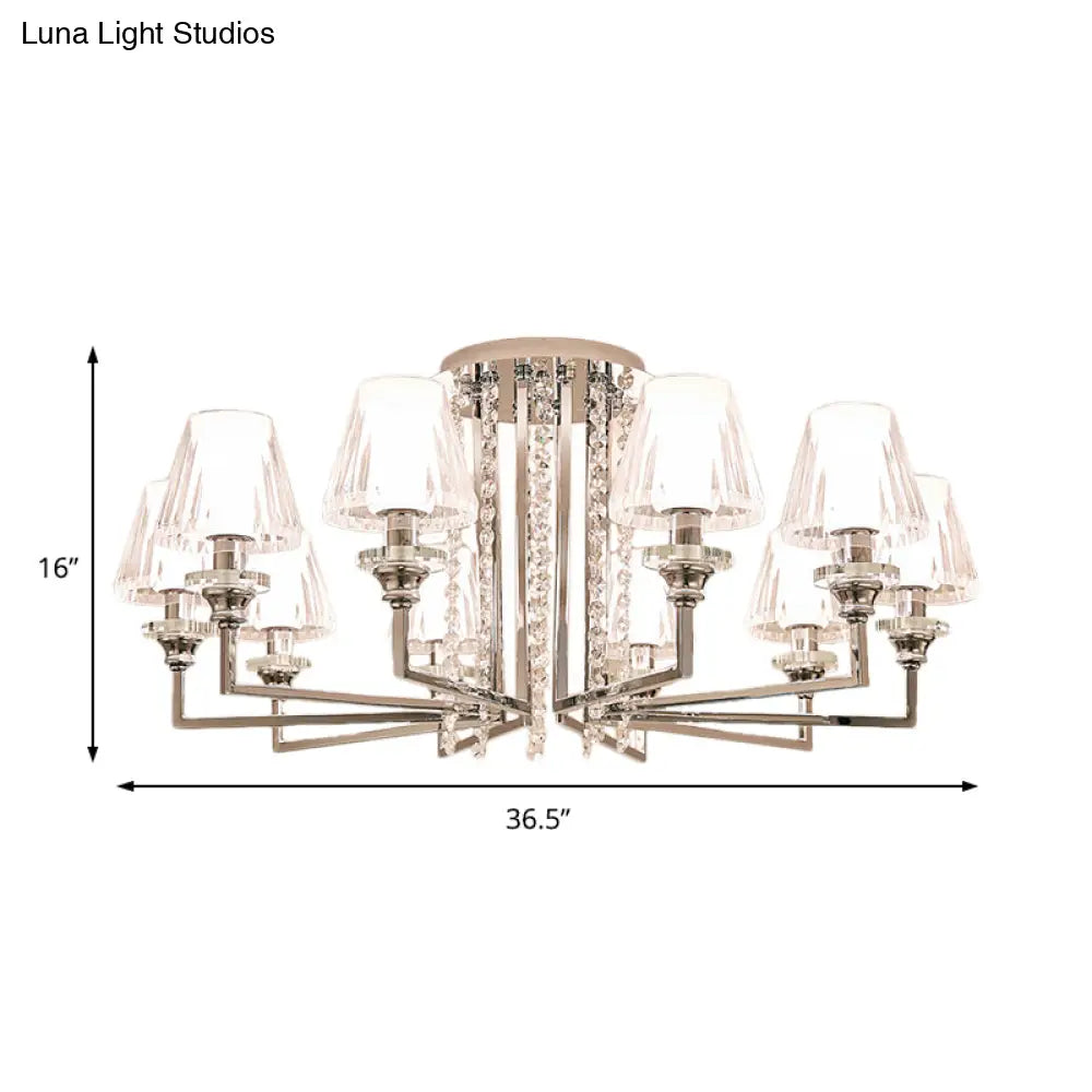 Modern Chrome Cone Ceiling Lamp With Crystal Accents - 6/8/10 Heads Semi-Mount Light