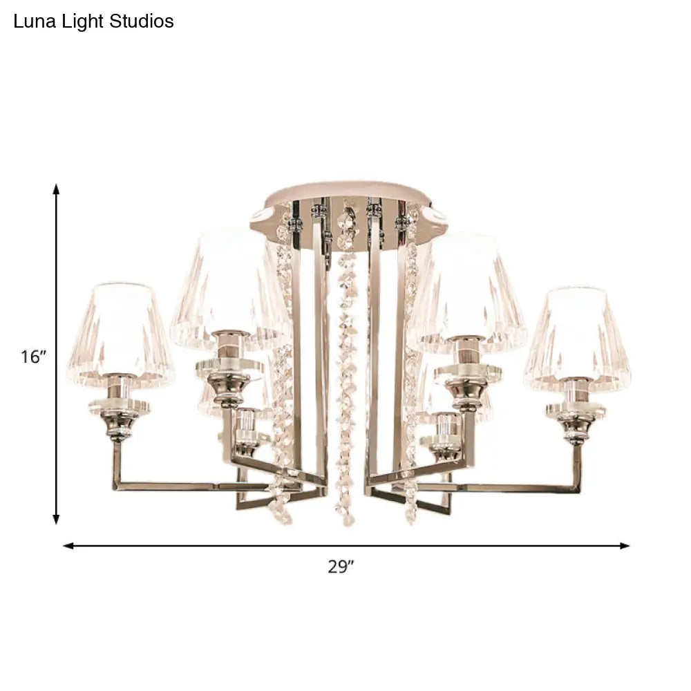 Modern Chrome Cone Ceiling Lamp With Crystal Accents - 6/8/10 Heads Semi-Mount Light
