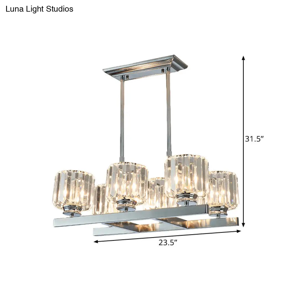 Modern Chrome Crystal Island Light With 6 Cylinder Heads - Perfect For Dining Tables