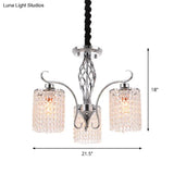 Modern Chrome Cylindrical Chandelier Lamp With Crystal Strand - 3/5-Head Hanging Pendant Light