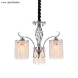 Modern Chrome Cylindrical Chandelier Lamp With Crystal Strand - 3/5-Head Hanging Pendant Light