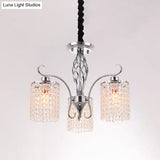 Modern Chrome Cylindrical Chandelier Lamp With Crystal Strand - 3/5-Head Hanging Pendant Light