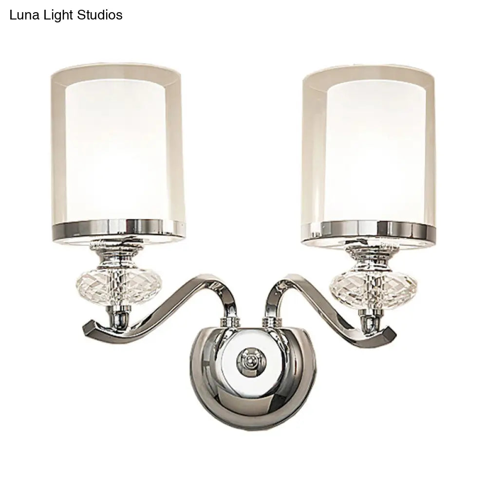 Modern Chrome Dual Cylinder Wall Mount Sconce With Curvy Arm - Simple Bathroom Lighting