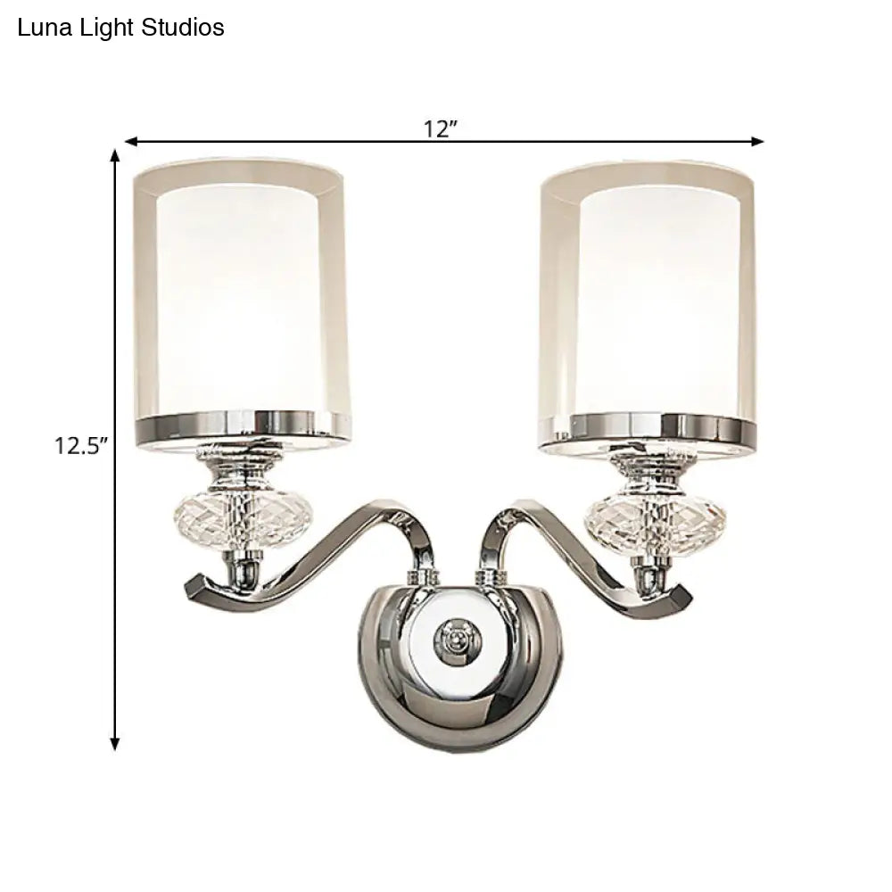 Modern Chrome Dual Cylinder Wall Mount Sconce With Curvy Arm - Simple Bathroom Lighting