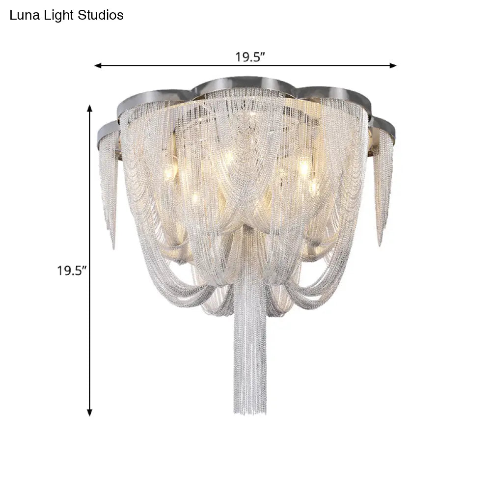 Modern Chrome Finish Flush Mount Ceiling Light | 5 - Light Tassel Chain Chandelier
