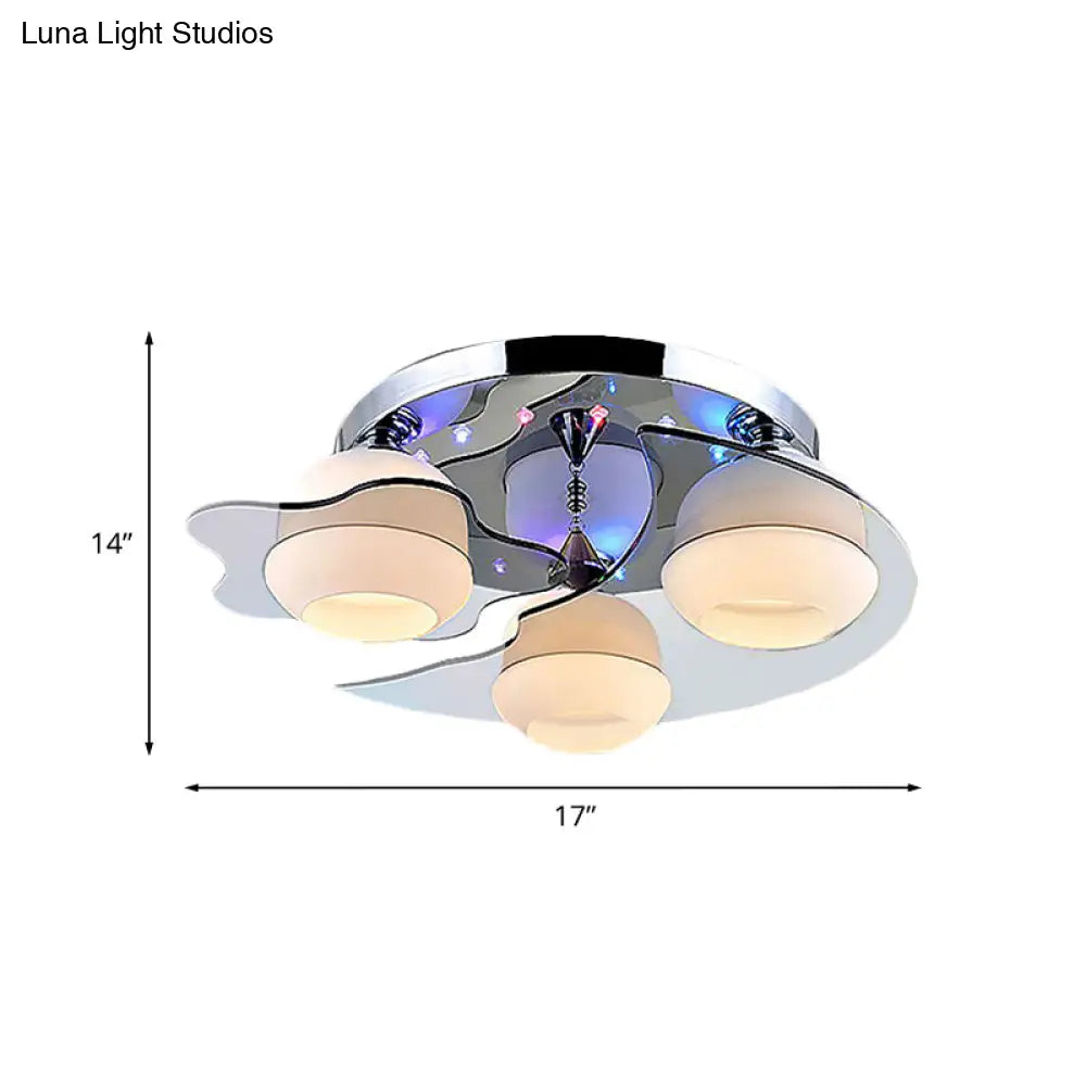 Modern Chrome Floral Flushmount Ceiling Light With Crystal Ball Drop - White Glass 3/5-Head Ideal