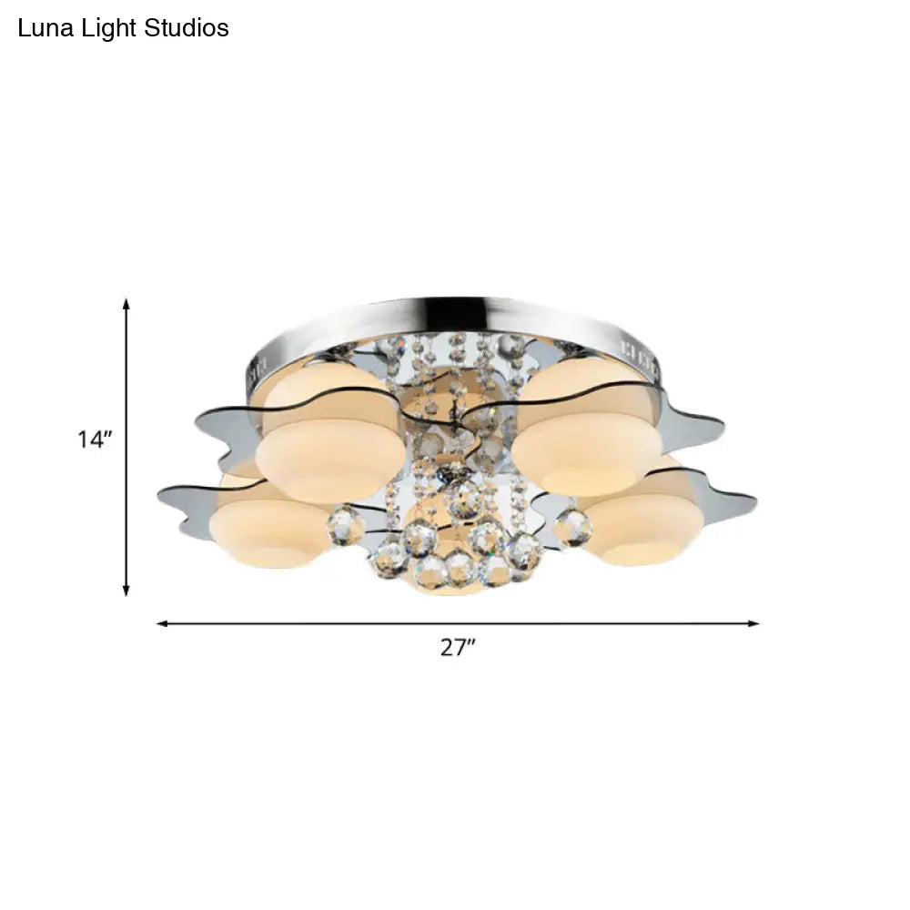 Modern Chrome Floral Flushmount Ceiling Light With Crystal Ball Drop - White Glass 3/5-Head Ideal