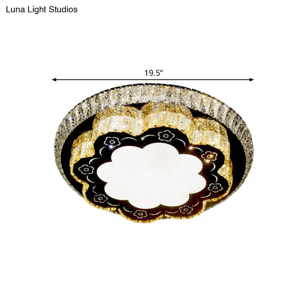Modern Chrome Flush Mount Ceiling Light With Faceted Glass Floral Design For Bedroom
