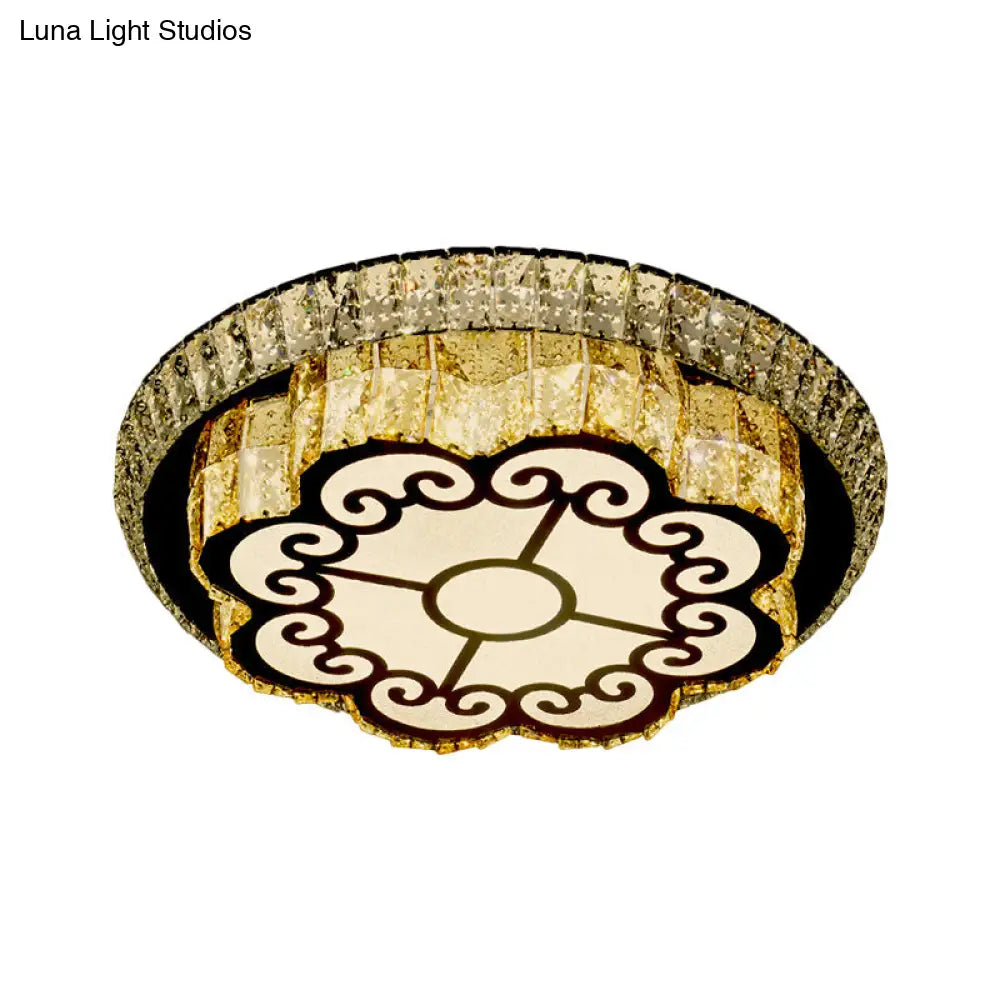 Modern Chrome Flush Mount Ceiling Light With Faceted Glass Floral Design For Bedroom
