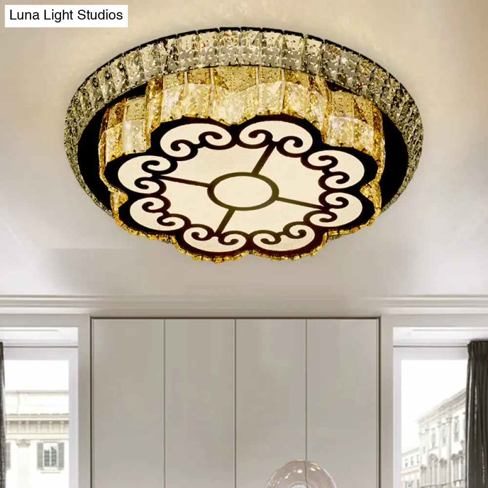Modern Chrome Flush Mount Ceiling Light With Faceted Glass Floral Design For Bedroom