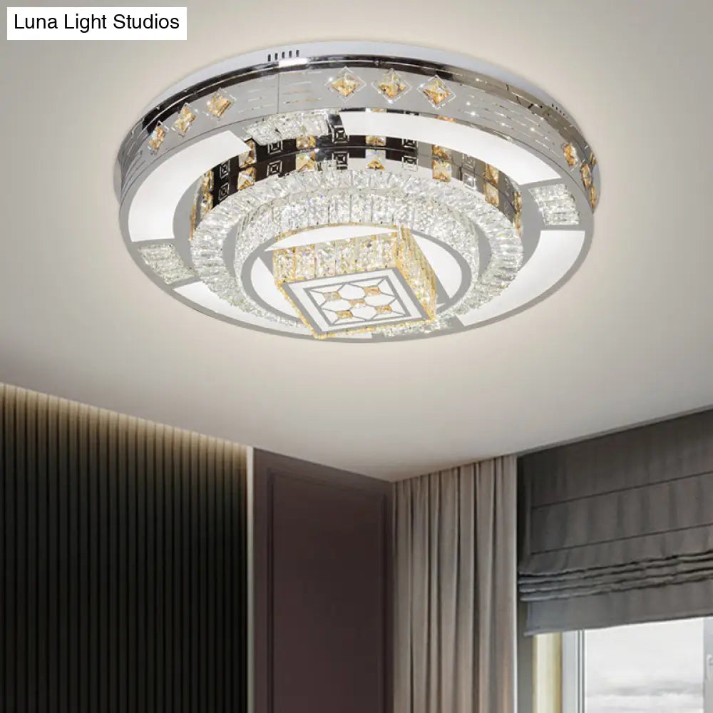 Modern Chrome Led Round Flush Mount Crystal Ceiling Light In Warm/White 19.5’/31.5’ Wide