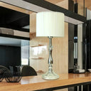 Modern Chrome Night Table Lamp With Barrel Shade - Bedroom Desk Light