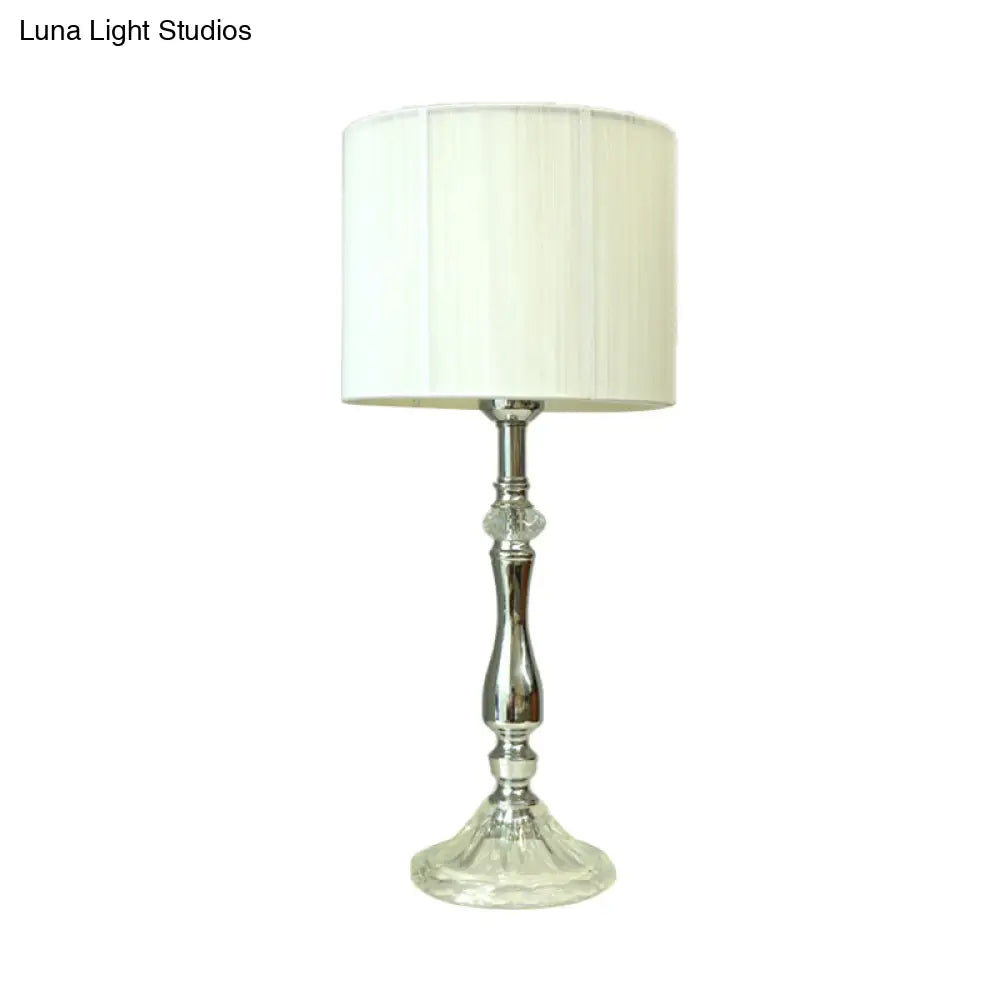 Modern Chrome Night Table Lamp With Barrel Shade - Bedroom Desk Light