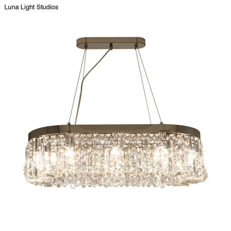 Modern Chrome Oval Island Lamp With Crystal Accents - 10 Head Suspension Pendant Light For Dining