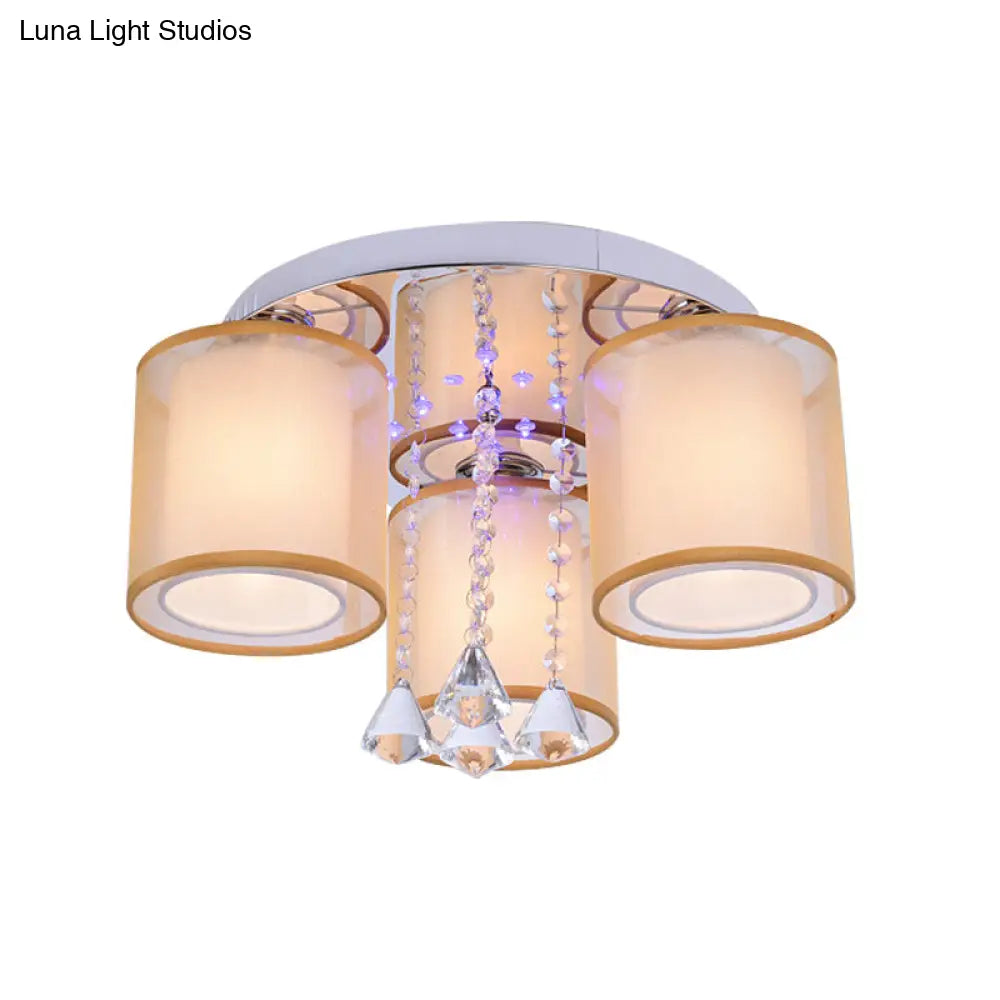 Modern Chrome Sheepskin Ceiling Light With Clear Crystal Accent - 3/7 Lights Cylinder Flush Mount