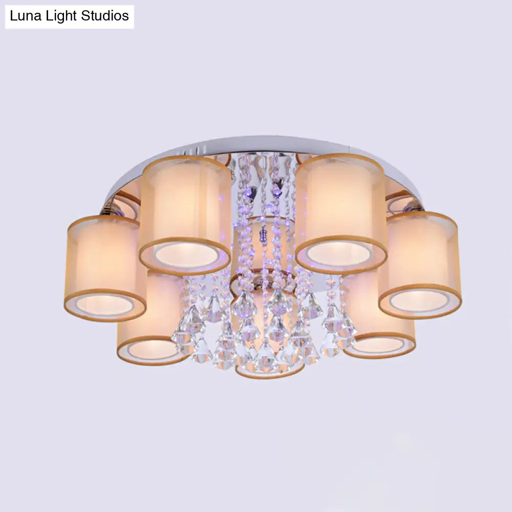 Modern Chrome Sheepskin Ceiling Light With Clear Crystal Accent - 3/7 Lights Cylinder Flush Mount
