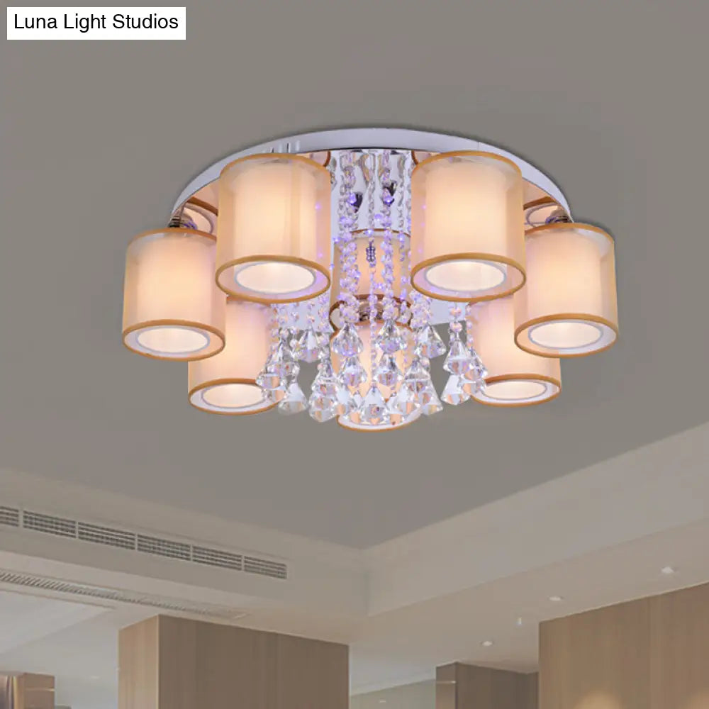 Modern Chrome Sheepskin Ceiling Light With Clear Crystal Accent - 3/7 Lights Cylinder Flush Mount